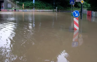 A flooded street in Düsseldorf, Germany, July 15, 2021. Credit: Lensw0rld/Shutterstock.